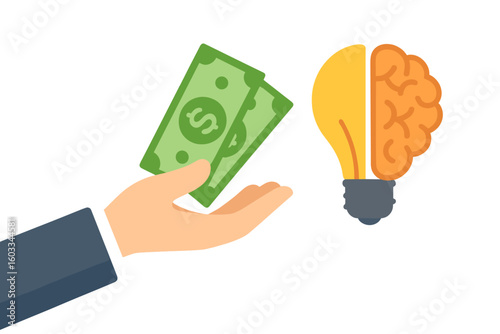 Investment in innovation and startup. Buying an idea. Hand with money and light bulb with a brain. Concept of selling creativity, knowledge and intellectual property. Pay.