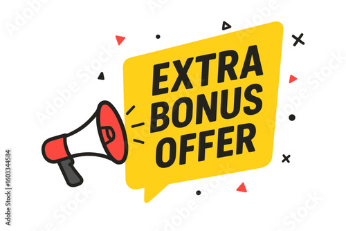 Extra bonus offer banner with megaphone. Vector illustration for promotion, advertising, and marketing. Super sale campaign announcement with loudspeaker. Special proposition concept.