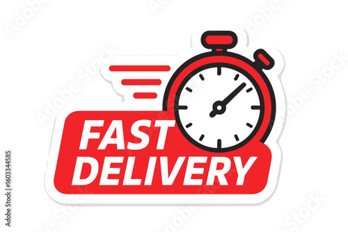 Fast delivery vector icon. Express shipping service label with stopwatch. Urgent online order and quick package move concept. Logistics timer sticker for ecommerce transport.