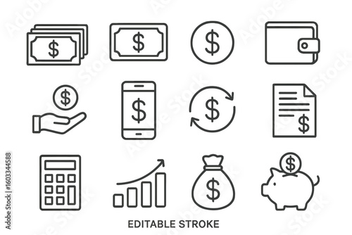 Money and finance thin line icon set. Business, payment, currency and banking symbols. Financial vector illustration collection with editable stroke for web and mobile design.