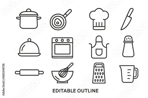 Cooking and Kitchen Line Icons Set. Editable Outline Food and Culinary Concept Icons for Restaurant, Bakery, Cafe, Kitchen Tools, Utensils, Chef Equipment, Digital and Print Design Resources