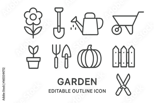 Garden and Farming Tools Vector Outline Icon Set. Minimalist Flower, Pot, Watering Can, Shovel, Wheelbarrow, Fence, Pumpkin, Gardening Shears. Editable Linear Style for Web, Applications, Resources