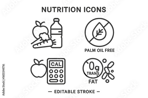 Nutrition line icons set. Healthy food and diet symbols for food packaging. Includes palm oil free, zero trans fat, and calorie counter signs. Wellness vector collection.