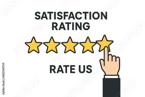 Hand pointing at a five-star rating. Customer satisfaction and positive feedback concept. Excellent service and quality review. Online reputation and business success.
