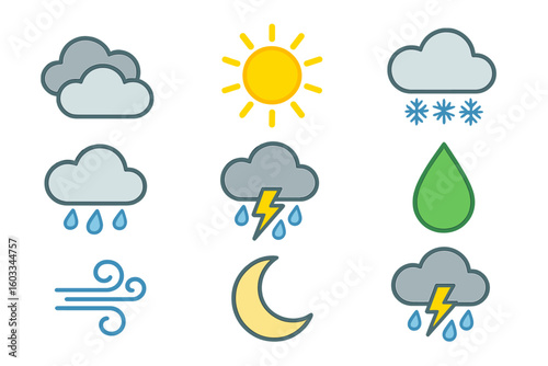 Weather forecast icons set with sun, clouds, rain, snowflakes, thunderstorm, wind, dew, moon, and sunny day vector illustration on transparent background, meteorology symbols