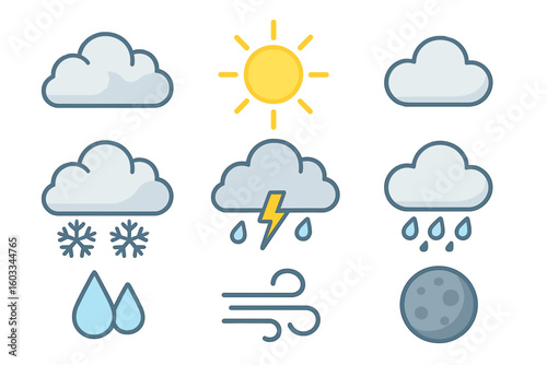 Weather forecast vector icon set. Collection of meteorology symbols like sun, cloud, rain, snow, storm, wind, and moon. Climate concept for web and mobile app design.