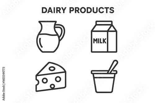 Dairy Products Vector Icons Set. Minimal Line Art Milk Jug, Cheese, Yogurt Cup, Carton. Editable Stroke Modern Illustration for Websites, Apps, Food Packaging, Supermarket, Healthy Eating Design