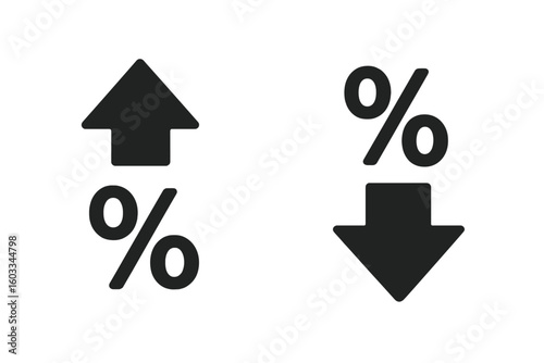 Percent icon with up and down arrow. Percentage rate change symbol. Increase and decrease, growth and decline concept. Financial profit or loss, sale discount vector illustration.
