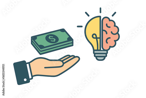 Investing in innovation concept. Hand with money buying a business idea. Light bulb and brain as symbol of creativity and knowledge. Financial success, venture capital funding.