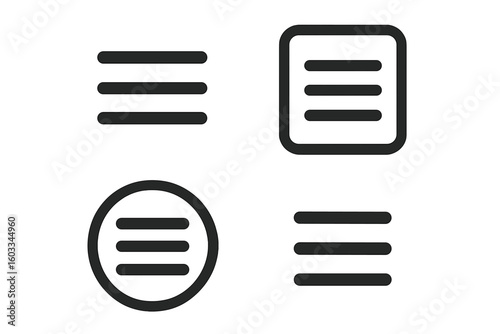 Hamburger menu icon set for web and mobile app UI. Navigation buttons collection. Simple line icons for website user interface. List, options bar graphic elements.