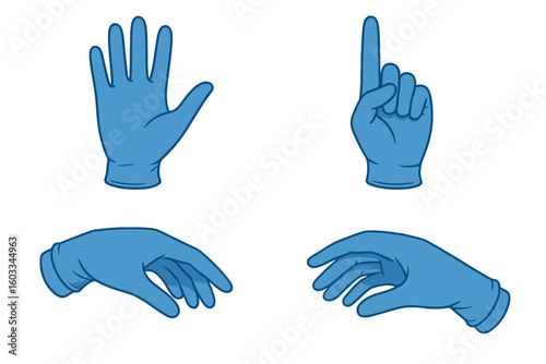Hands in blue medical gloves vector set. Doctor, nurse, or surgeon hand gestures collection. Concept for hygiene, safety, protection, and sterility. Isolated on white.
