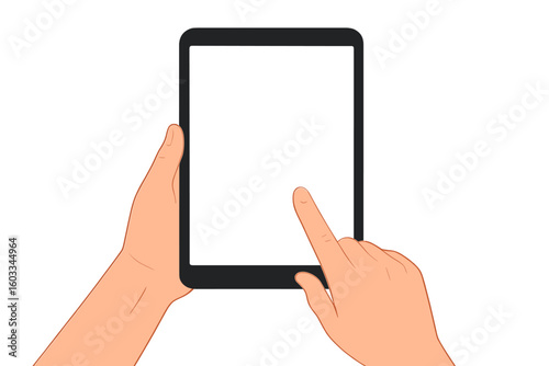 Hands holding black tablet with blank screen mockup. Human hand using digital device, finger touching screen. Template for app presentation or UI design. Vector illustration.