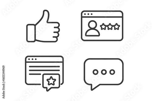 Set of linear style feedback icons, outline collection with user opinions, likes, reviews, comments, internet content interaction, survey symbols, digital communication concepts