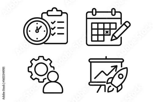 Project management line icon set. Business and organization concepts. Time management, planning, startup launch, and skills development for web and mobile app design.