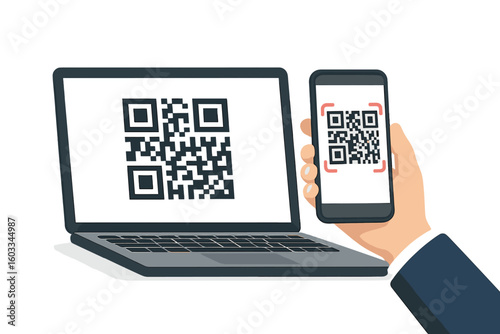 Hand holding phone and scanning QR code on laptop screen. Barcode scanner technology for mobile payment or online verification. Digital information and machine-readable code.