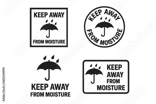 Set of vector cargo packaging badges with warning markers including "Keep Away from Moisture", isolated vector elements on transparent background, packaging safety labels and cargo handling icons