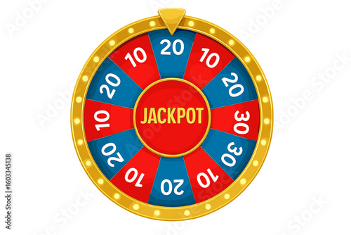 Colorful wheel of fortune for gambling and lottery. Casino prize wheel with jackpot. Spin and win concept for online games. Lucky roulette vector illustration for promotion.