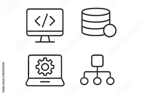 Information technology line icon set. IT icons for web and mobile app. Vector symbols for coding, programming, database, server, settings, and sitemap. Developer concept.