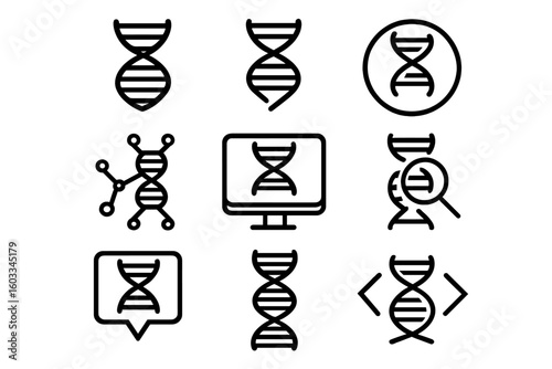 DNA line icon set. Genetics, biology, and science symbols. Gene, chromosome, and helix pictogram. Biotechnology research, genetic analysis, and genome sequencing vector icons.