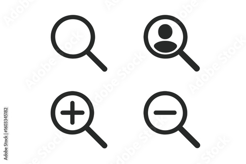 Search icon set with magnifying glass. Vector symbols for find person, zoom in, and zoom out. UI line icons for web, app, business analysis, and HR recruitment.