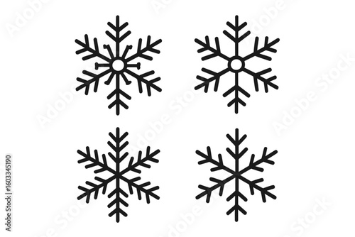 Snowflake icon set. Winter cold weather snow flakes collection. Christmas and New Year holiday decoration symbol. Frozen crystal silhouette design element. Vector illustration.