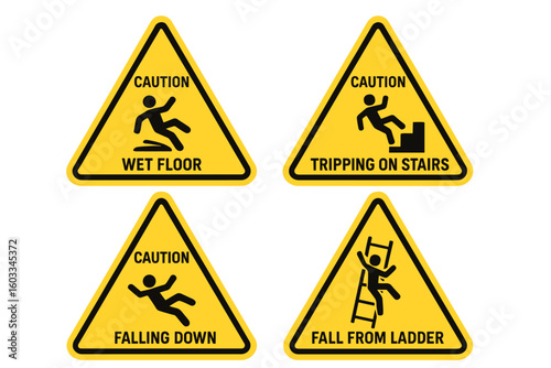 Caution signs set. Workplace safety warning symbols. Falling man pictogram, wet floor, tripping on stairs, fall from ladder hazard icons. Vector illustration isolated collection.