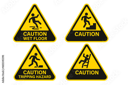 Workplace safety signs set. Caution symbols for hazards like wet floor, tripping, falling from ladder, and stairs. Vector pictogram icon collection for risk and accident prevention.