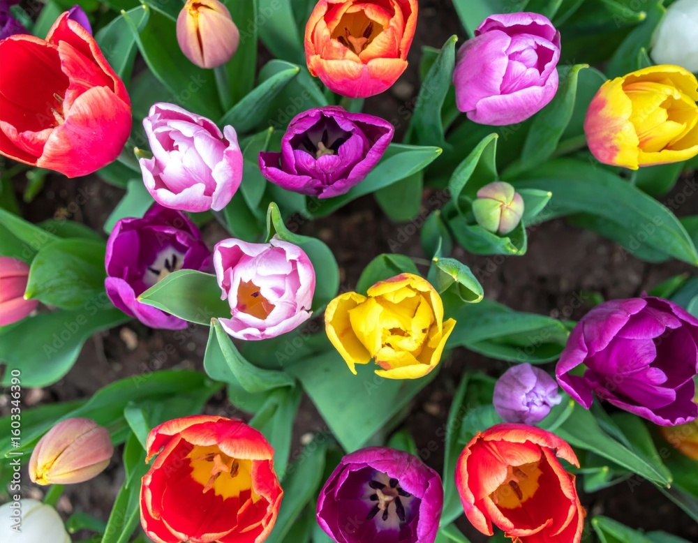 Obraz premium Overhead View of Vibrant Multicolored Tulips Blooming in Earthy Garden Soil