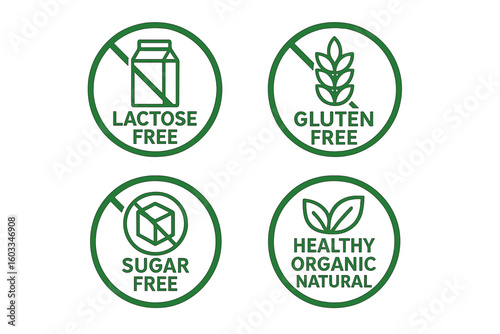 Lactose Free, Gluten Free, Sugar Free, Healthy Organic Natural Food Labels. Vector Set of 4 Clean Allergen-Free Stickers, Product Packaging Badges, Nutrition Symbols, Dietary Icons for Healthy Eating