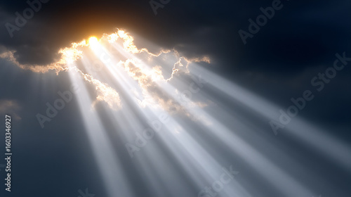 Fototapeta Naklejka Na Ścianę i Meble -  soft golden light breaking through dark, textured clouds in an abstract landscape