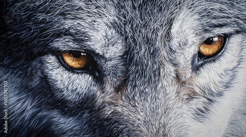 Close-up of grey wolf with intense amber eyes and detailed fur in wild forest setting