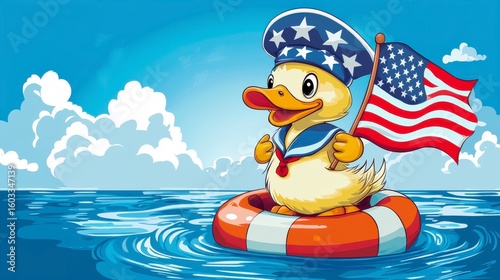 Funny cartoon duck holding patriotic flag on float ring in blue ocean under clear sky