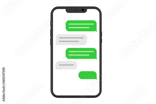 Smartphone screen with chat message bubbles. Vector illustration of a mobile phone showing a text conversation. Flat design communication concept on transparent background.