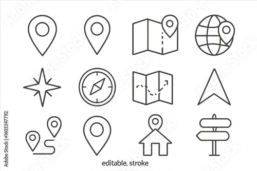 Navigation and location line icon set. Editable stroke vector symbols for map, GPS, pin, direction, and travel. Geo, destination, route, and compass signs collection.
