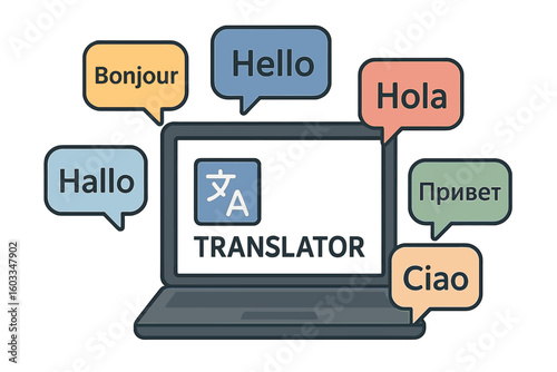 Online translator and dictionary app on laptop screen. Multi language communication concept. Speech bubbles with the word hello in different languages. Translation service.