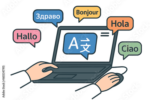 Online multi-language translator. Person uses app on laptop for synchronic translation. Hello in different languages. Concept for global communication, international business.