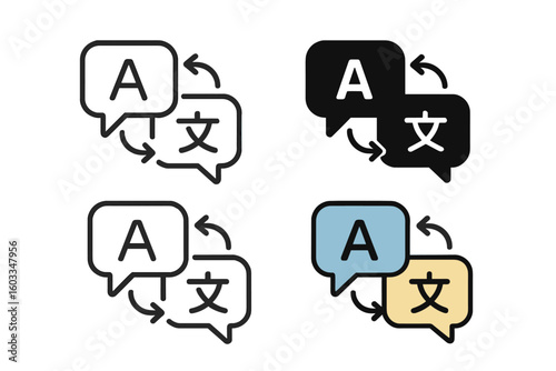 Language translation icon set. Chat bubbles for online translator app. Foreign language communication symbol. Multilingual conversation, dictionary, and speech exchange concept.