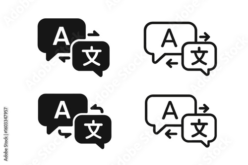 Language translation icon set. Chat bubble for multilingual online translator app. Foreign language conversation concept. Communication & dictionary symbol. Glyph & outline.