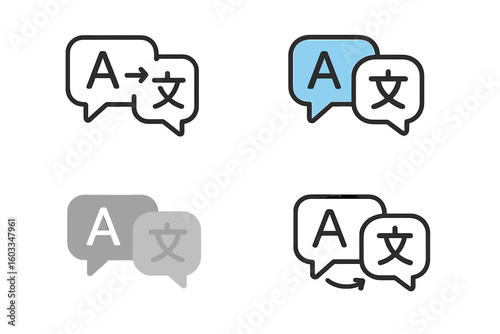 Set of 4 language translation icons for translator app. Chat bubbles with different styles for online multi-language communication. UI UX signs for dictionary service.