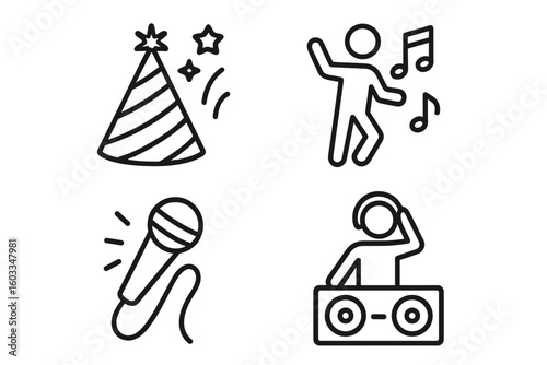 Party and Celebration Icon Set in Modern Line Style – Dance Party, DJ, Singing, Karaoke, Festive Hat, Music, Entertainment, Event Decor, Celebration Symbols, Vector Bundle