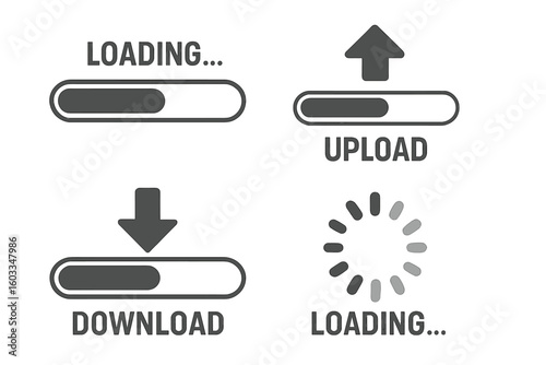 Set of vector loading bar icons. Progress indicators for download and upload. Web and application UI UX design elements. Data transfer status, buffer sign, and spinner symbol.