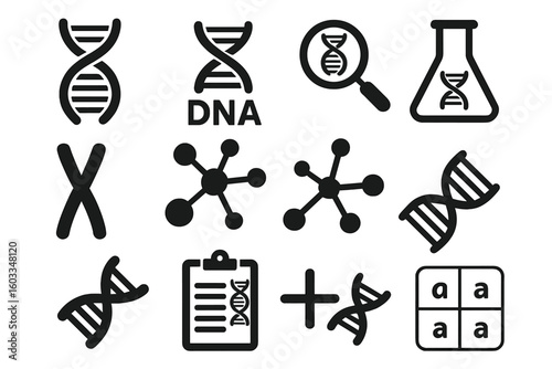 DNA and genetics icon set. Gene, chromosome, molecule pictogram collection. Biotechnology, science research, and genetic test symbols. Vector illustration isolated on white.