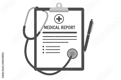 Medical report on a clipboard with a stethoscope and a pen. Concept for healthcare, medical diagnosis, patient health record, insurance form, and clinical results. Flat vector icon.