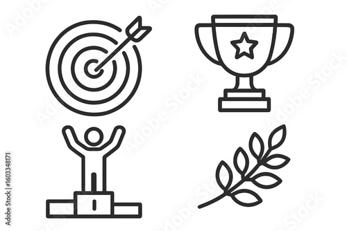 Line Art Vector Icons for Success, Achievement, Trophy, Laurel Branch, Target, Winner Podium, Award, Motivation, Goal Setting – Business and Competition Concept