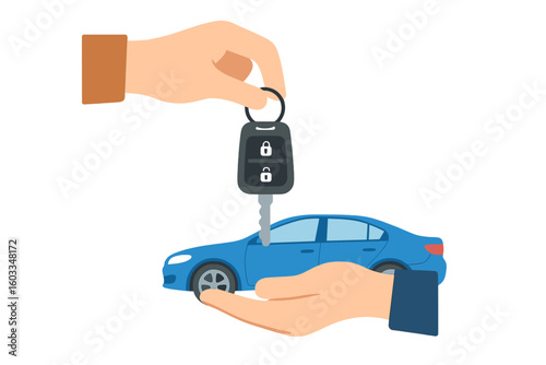 Car Rental or Sale Transaction Concept. Handing Over Car Keys. Vehicle Ownership Transfer. Hand Holding Car Key and Sedan. Auto Lease, Car Sharing, Automobile Purchase Flat Vector Illustration.