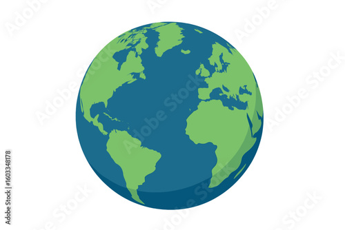 Globe Icon Vector Illustration of Planet Earth with Continents, Blue Ocean, North and South America, Europe, Africa, Simple Flat Design, Isolated Transparent Background for World Geography