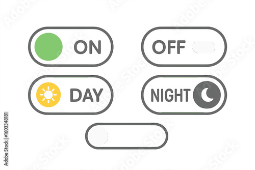 Mobile App Switch Buttons Vector Set. On and Off Toggle Switch Icons. Day and Night Mode UI Elements. Slider Interface Controls. Flat Design for User Interface, Web, App, Dashboard, Settings.
