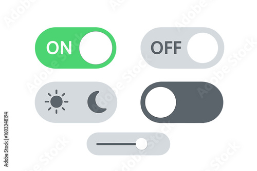 Modern UI Toggle Switch Vector Set. On Off Toggle Buttons. Day Night Mode Icons. Mobile App Interface Sliders. Simple Flat Design Elements for Web, App, Settings, Brightness Controls