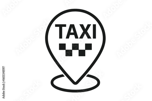 Taxi service location pin icon, GPS map pointer for taxi app, ride sharing marker, black and white vector, taxi symbol, navigation design, public transport badge, transportation sign