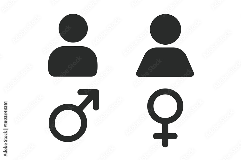 Obraz premium Vector set of 4 male and female user avatar icons, gender symbols, boy and girl pictograms, man and lady toilet signs, sex and gender icons, vector illustration transparent background